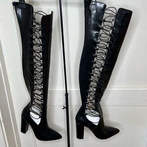 Privileged Lace Up Heeled Over The Knee Heeled Boots Black Faux Leather Size 7.5